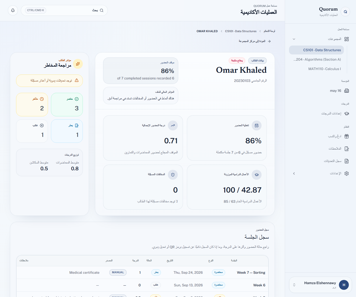 سجل طالب فيه الحضور والأعمال الدراسية