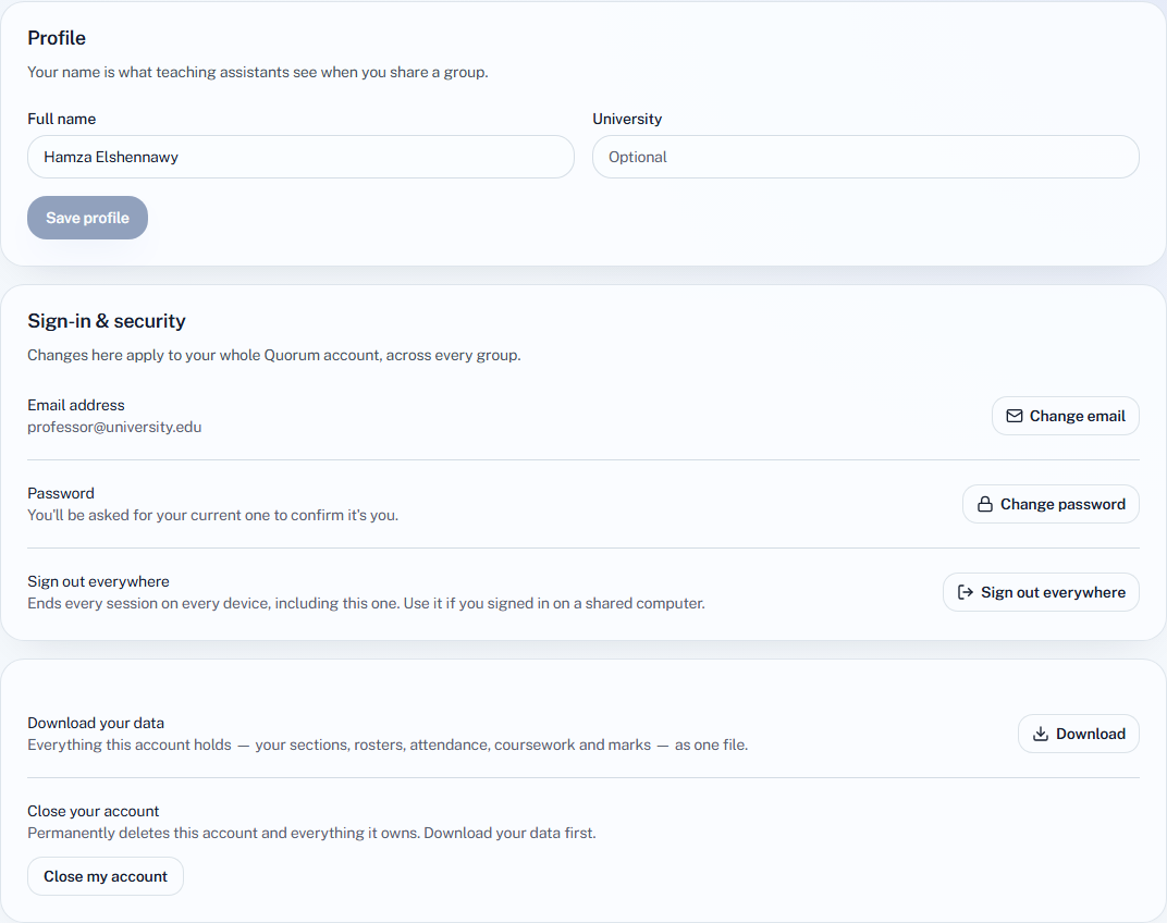 The Account settings page