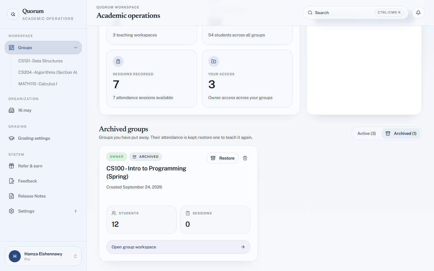 The archived groups view