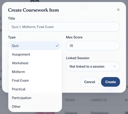 The Type list in the Create Coursework Item dialog