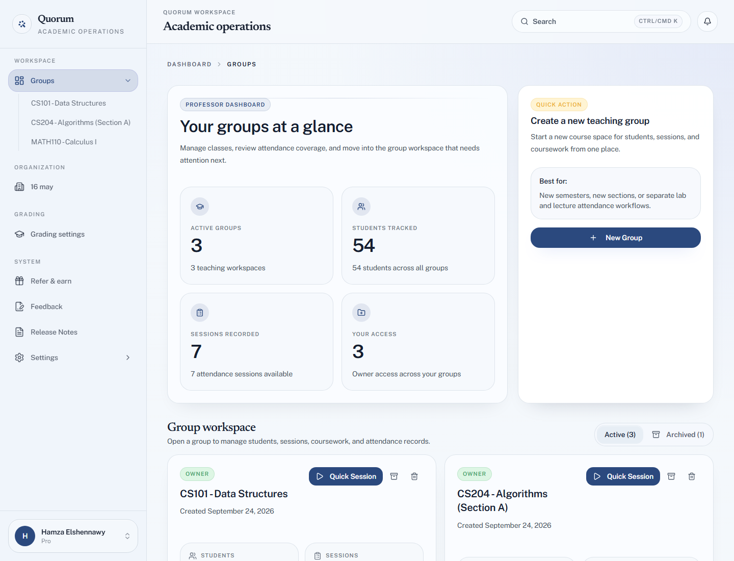 The Quorum dashboard with several groups