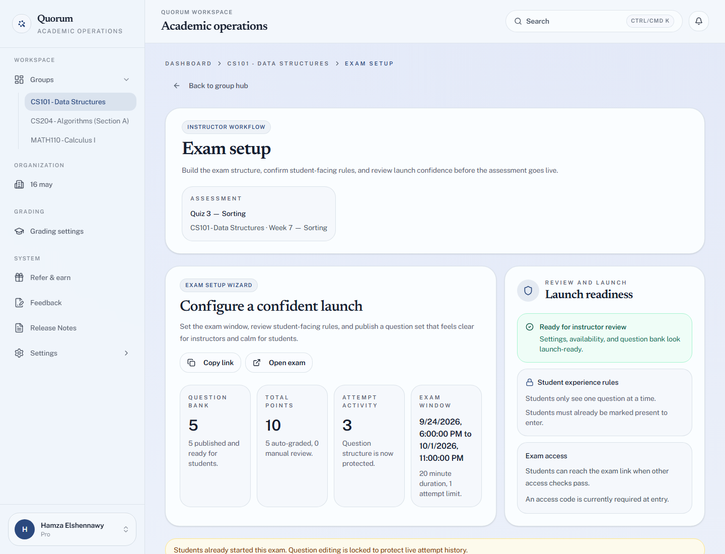 The exam setup page
