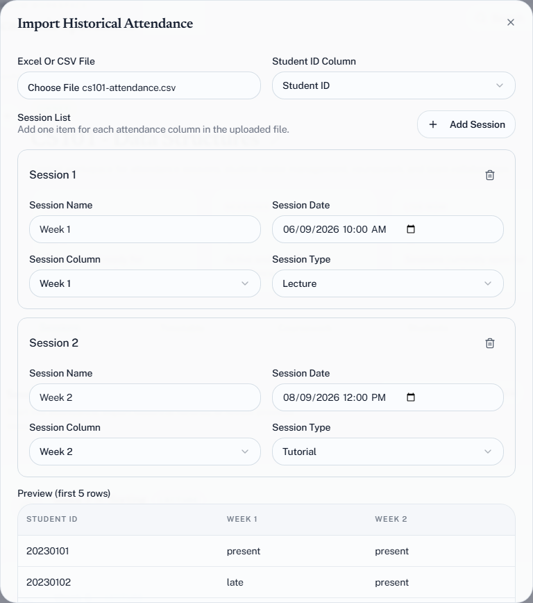 Mapping session columns for a historical import