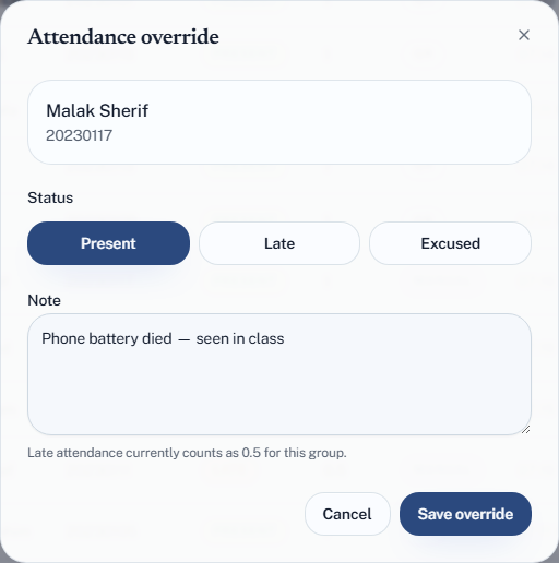The Attendance override dialog