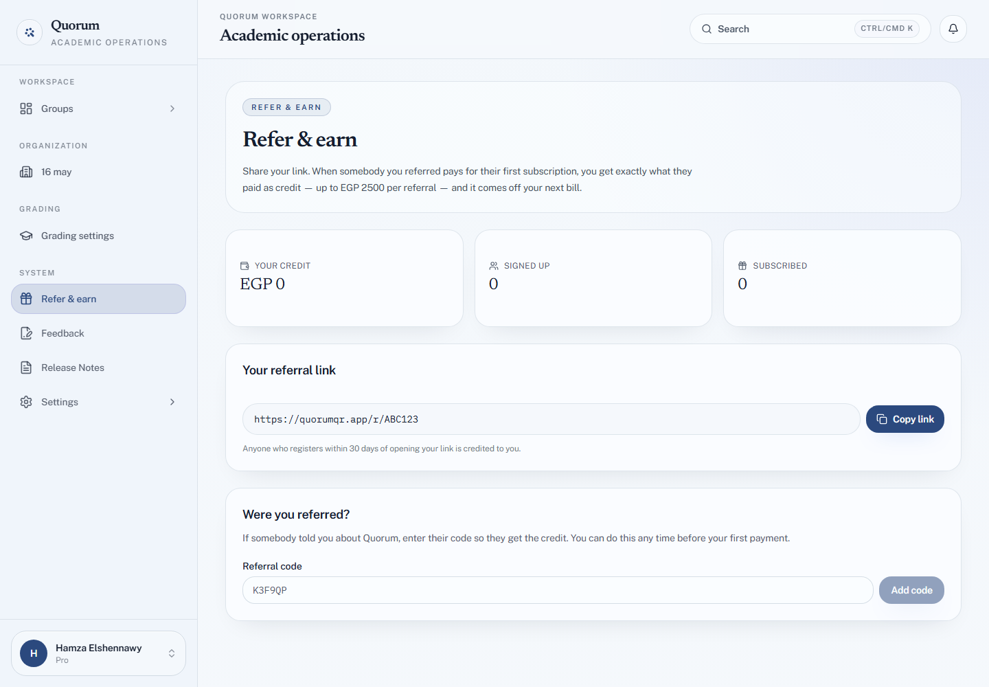 The Refer &amp; earn page