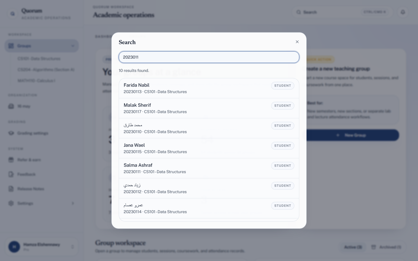 Searching across groups, students and sessions