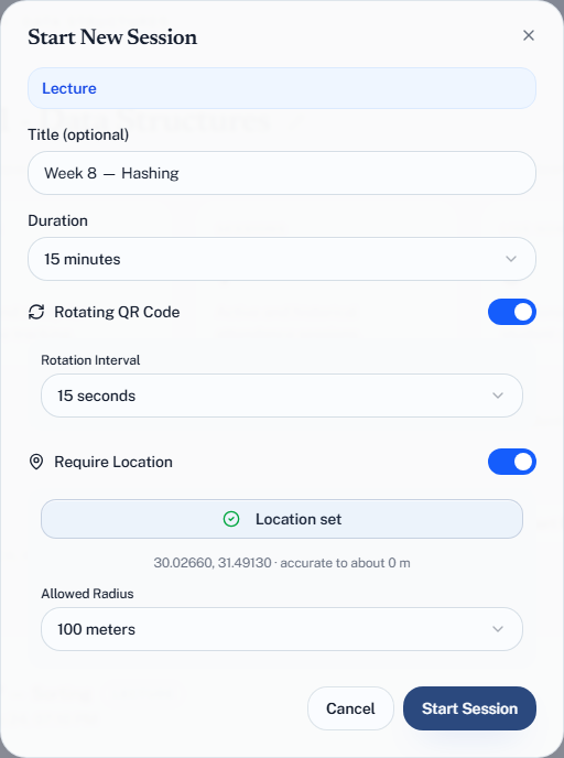 Setting a geofence radius when starting a session